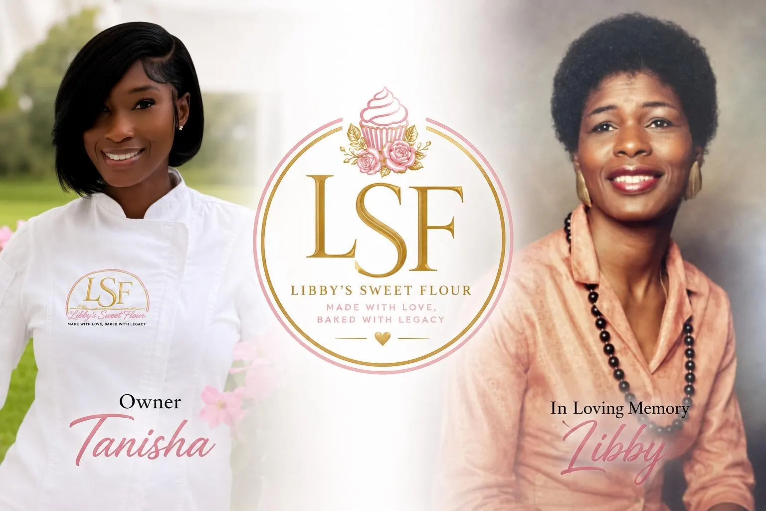 Owner Tanisha alongside the Libby's Sweet Flour logo, in loving memory of her mother Libby